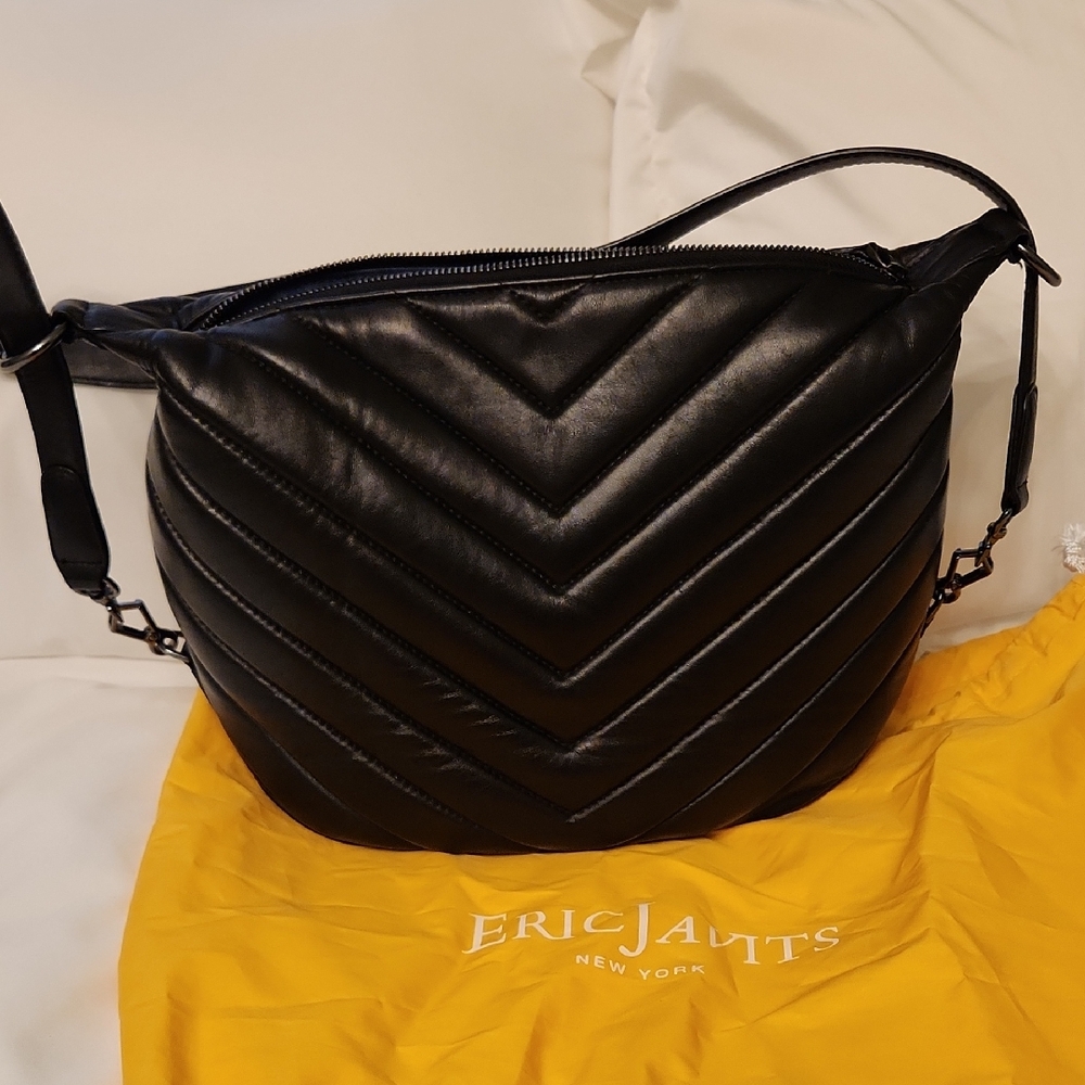 Eric Javits Black Leather Chevron Shoulder Bag